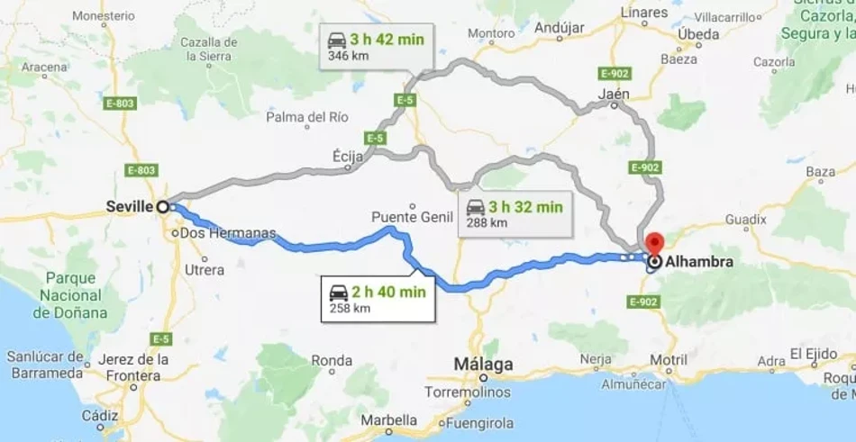 A map showing the distance from Seville to Alhambra