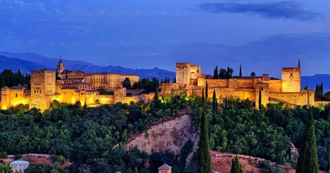 The magical Alhambra Castle illuminated at night