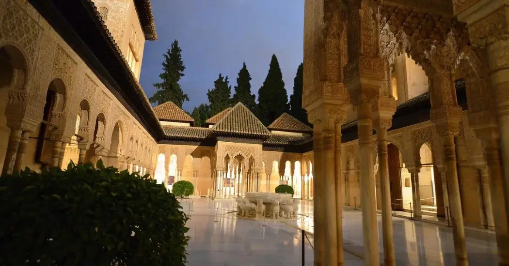 Nasrid Palaces illuminated at night with lights